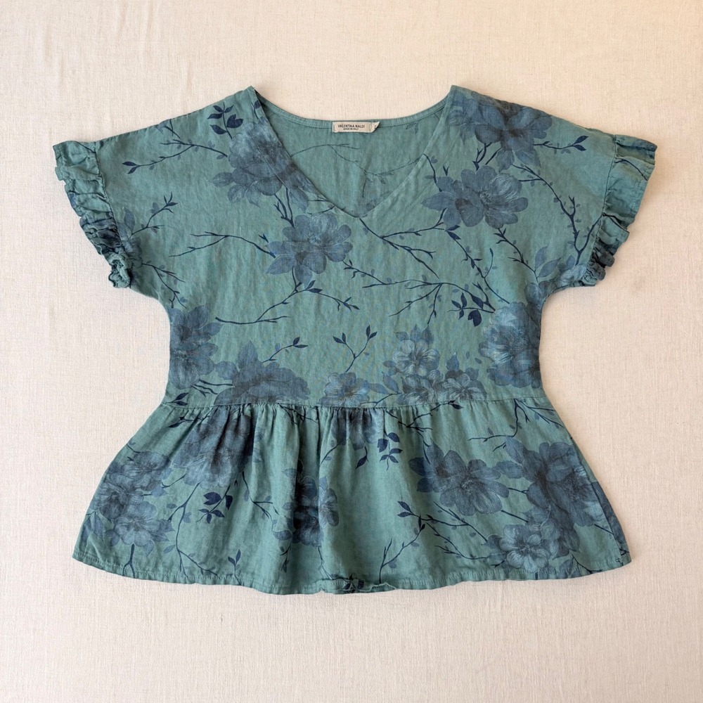 Valentina Naldi Floral Linen Peplum Ruffle Top Womens Medium Green Italy